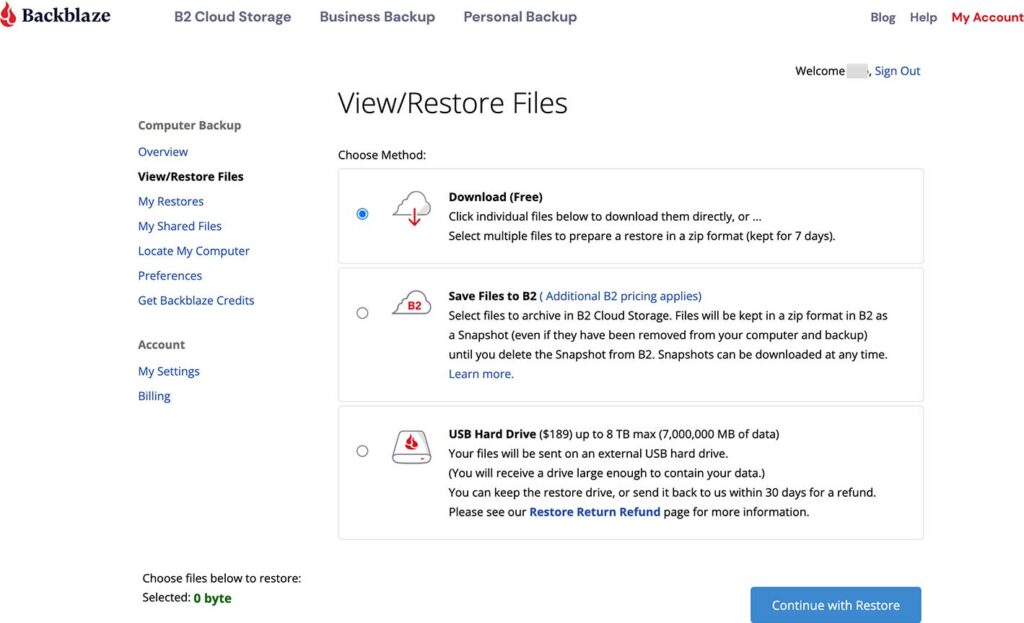 Backblaze online view restore files
